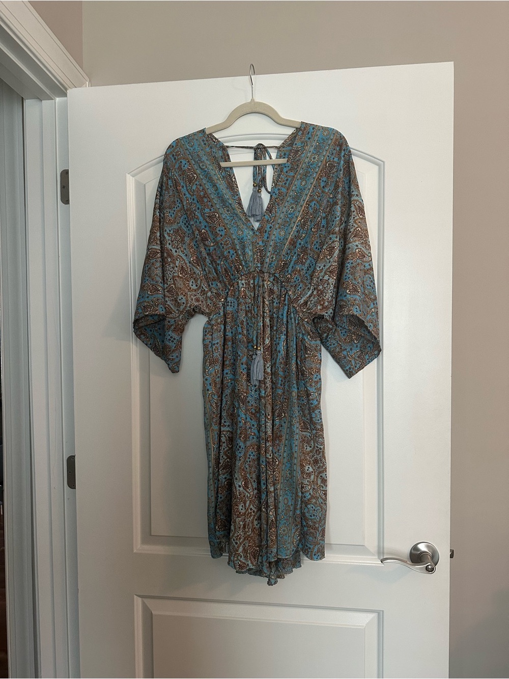 Boho Paisley V-Neck Tie-Front Mini Dress in Teal & Brown